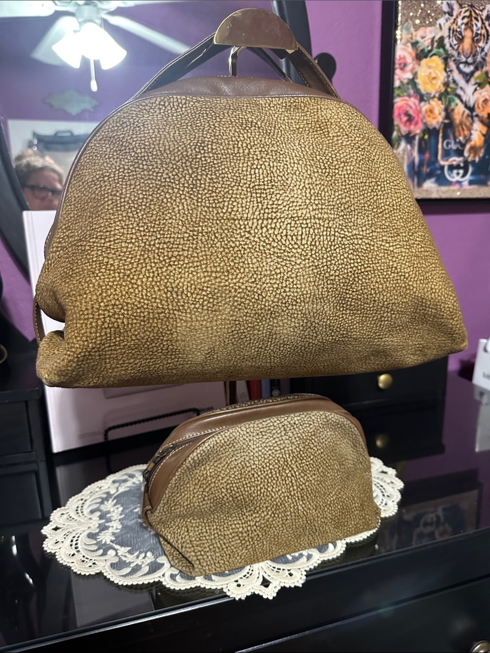 Textured Brown Dome Tote and Matching Cosmetic Pouch - Brown